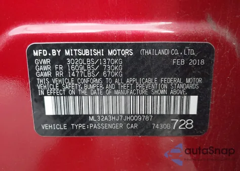 2018 Mitsubishi Mirage Es z USA, uszkodzony, nr VIN ML32A3HJ7JH009787